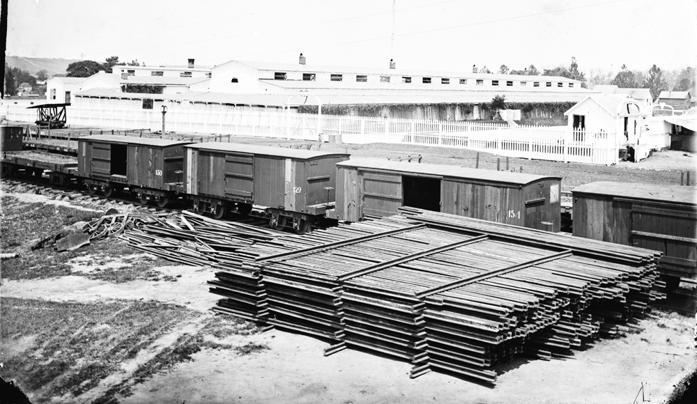 Alexandria, Virginia. Soldiers' Rest, with Railroad boxcars and supplies in foreground